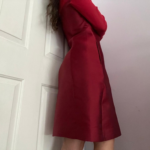 💥New💥IRIS & INK Dark Red Satin/Sheer Long- Sleeve Dress - Picture 2 of 8